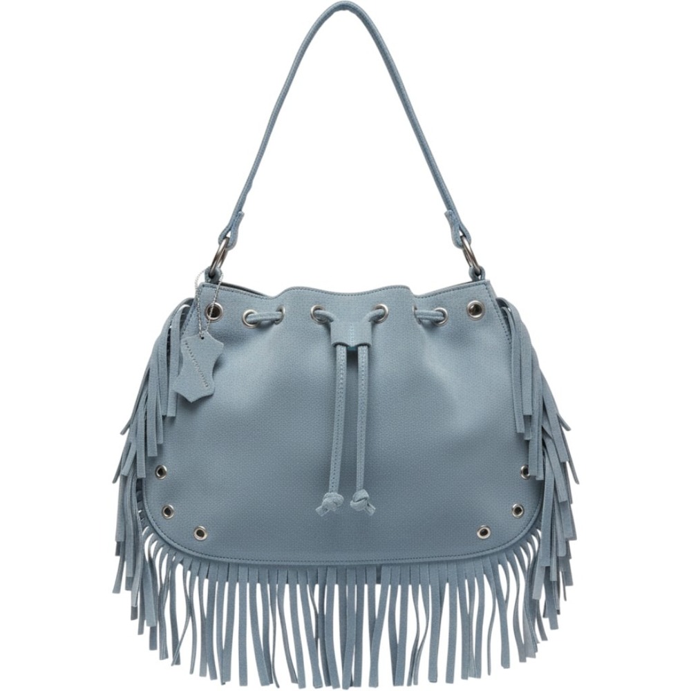 Genuine Leather Suede Fringe Bucket Bag Womens Blue Boho Grommet